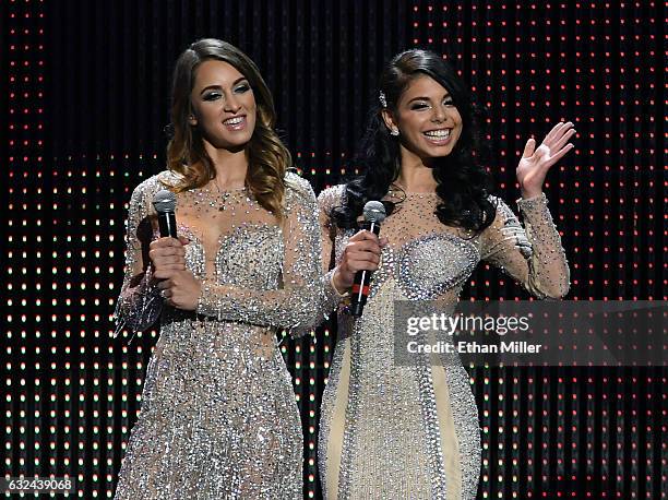 Adult film actresses and trophy girls Uma Jolie and Gina Valentina are introduced during the 2017 Adult Video News Awards at The Joint inside the...