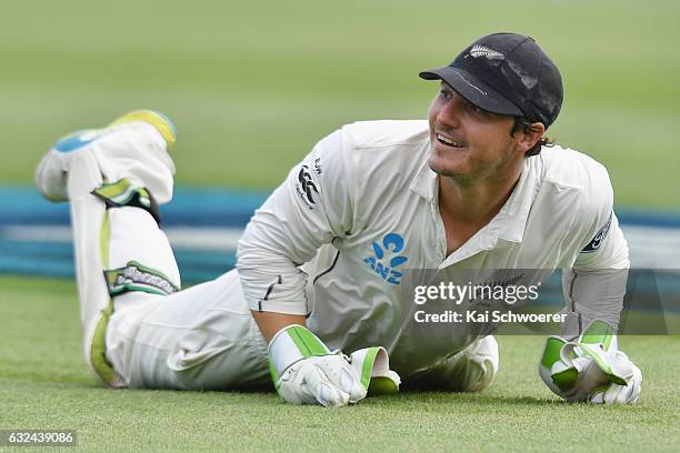 Watling of New Zealand reacts after missing a catch during day four of the Second Test match between New Zealand and Bangladesh at Hagley Oval on...