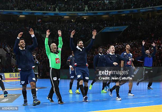 Adrien Dipanda of France, goalkeeper of France Thierry Omeyer, Nikola Karabatic, Valentin Porte, Timothey N'Guessan and teammates celebrate their...
