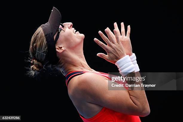 Mirjana Lucic-Baroni of Croatia celebrates winning her fourth round match against Jennifer Brady of the United States on day eight of the 2017...