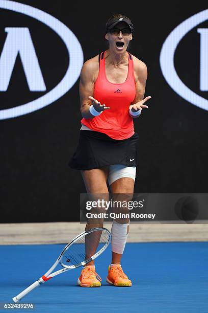 Mirjana Lucic-Baroni of Croatia celebrates winning her fourth round match against Jennifer Brady of the United States on day eight of the 2017...