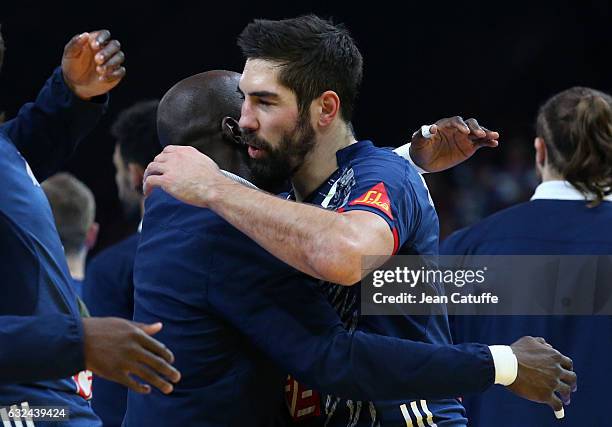 Nikola Karabatic of France greets teammates following the 25th IHF Men's World Championship 2017 Round of 16 match between France and Iceland at...