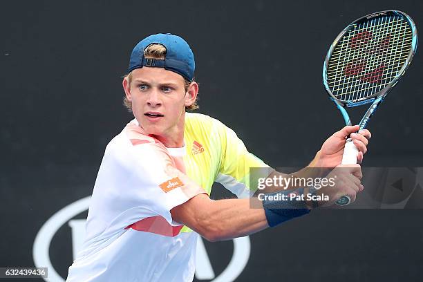 Zizou Bergs and Yshai Oliel compete against Emil Ruusuvuori and Michael Vrbensky in the doubles match during the Australian Open 2017 Junior...