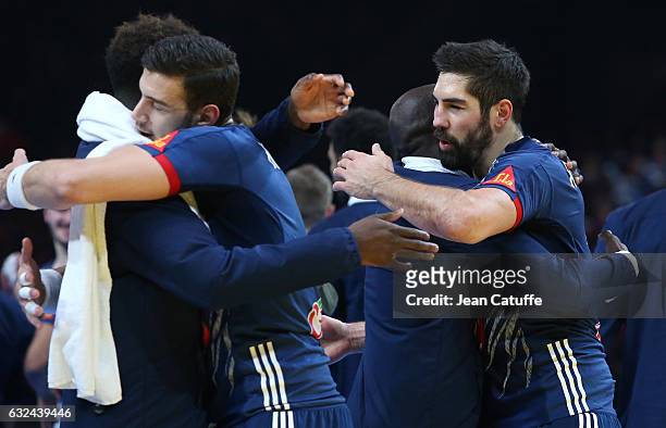 Nikola Karabatic of France greets teammates following the 25th IHF Men's World Championship 2017 Round of 16 match between France and Iceland at...
