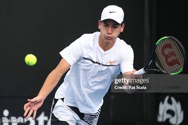 Zizou Bergs and Yshai Oliel compete against Emil Ruusuvuori and Michael Vrbensky in the doubles match during the Australian Open 2017 Junior...