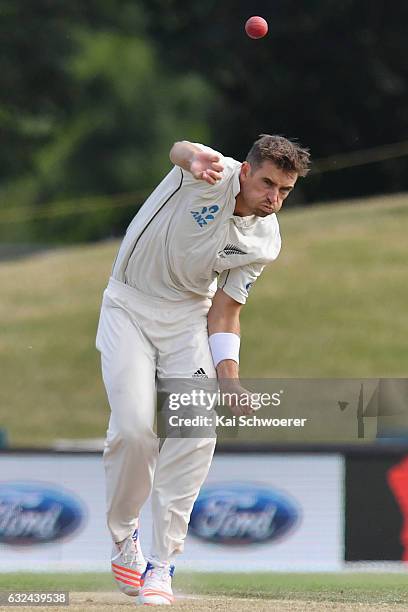 Tim Southee of New Zealand bowling during day four of the Second Test match between New Zealand and Bangladesh at Hagley Oval on January 23, 2017 in...