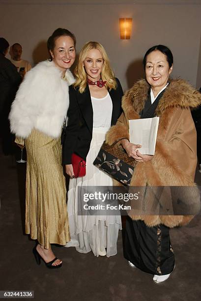 Harumi Klossowska de Rola, Kylie Minogue and Setsuko Klossowska de Rola attend Retour "D'Expedition" Harumi Klossowska de Rola Exhibition With...