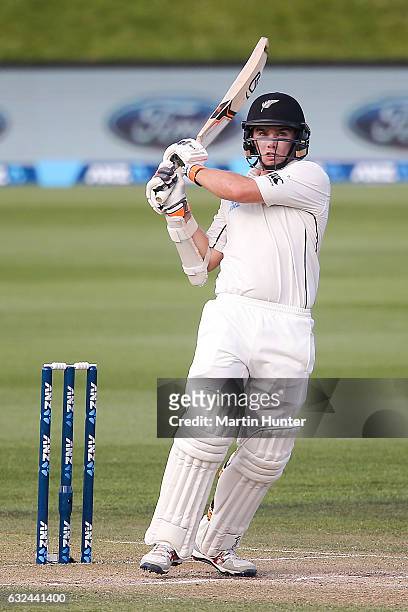 Tom Latham of New Zealand bats during day four of the Second Test match between New Zealand and Bangladesh at Hagley Oval on January 23, 2017 in...