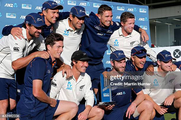 New Zealand players celebrate after winning the Second Test match between New Zealand and Bangladesh at Hagley Oval on January 23, 2017 in...