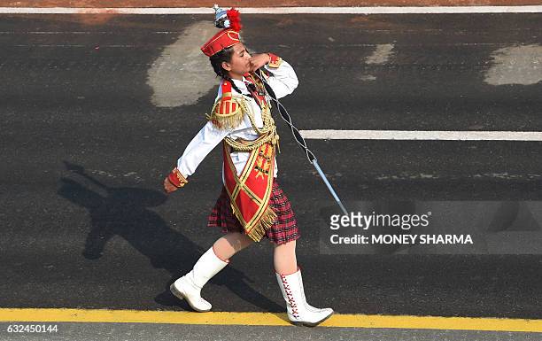 An Indian girl from the National Cadet Corps contingent marches during the full dress rehearsal for the upcoming Indian Republic Day parade in New...