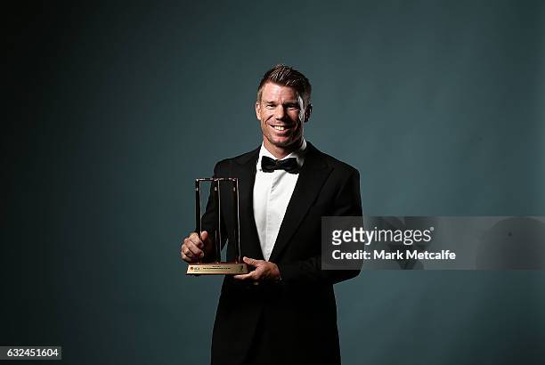 David Warner poses after winning the One Day International Player of the Year award during the 2017 Allan Border Medal at The Star on January 23,...