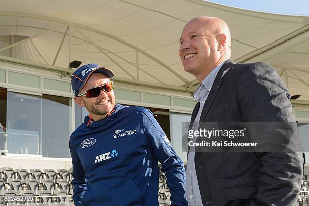 Head Coach Mike Hesson of New Zealand and New Zealand Cricket CEO David White look on following the win in the Second Test match between New Zealand...