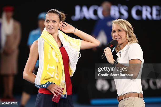 Karolina Pliskova of Czech Republic celebrates winning her fourth round match against Daria Gavrilova of Australia on day eight of the 2017...