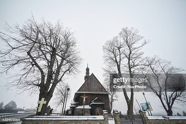 View of the wooden church of the Holy Cross 'on Obidowa' in Rdzawka. On Sunday, 22 January 2017, in Rdzawka, Poland.