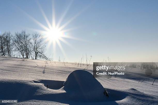Winter view of mountains near Kilkuszowa, on Zakopianka road between Nowy Targ and Rabka. On Sunday, 22 January 2017, in Kilkuszowa, Malopolska...