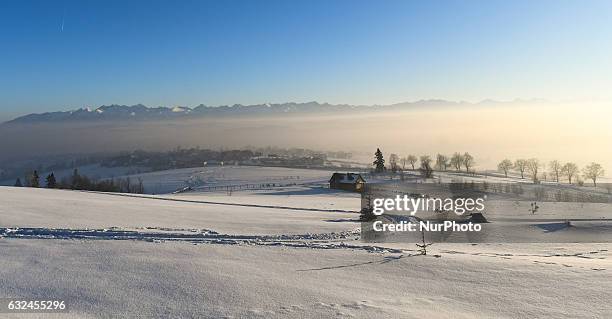 Winter view of mountains near Kilkuszowa, on Zakopianka road between Nowy Targ and Rabka. On Sunday, 22 January 2017, in Kilkuszowa, Malopolska...