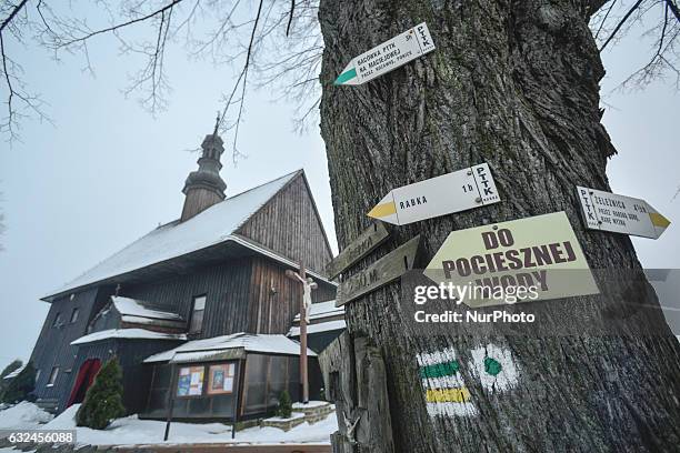 Hiking trails signs on a tree near the church of the Holy Cross 'on Obidowa' in Rdzawka. On Sunday, 22 January 2017, in Rdzawka, Poland.