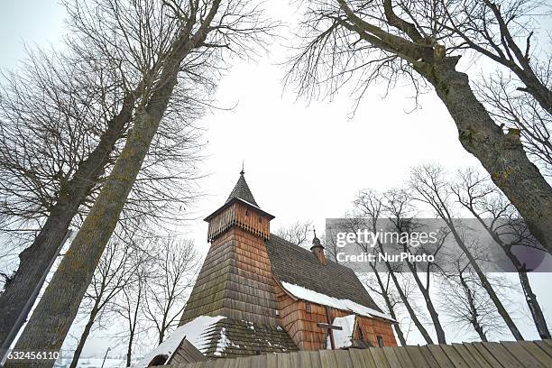 View of the wooden church of St. Michael the Archangel in Debno. On Sunday, 22 January 2017, in Debno, Poland.