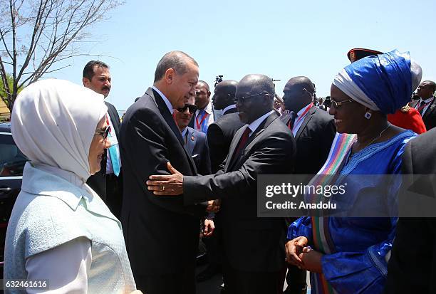 President of Turkey Recep Tayyip Erdogan and his wife Emine Erdogan are welcomed President of Tanzania John Pombe Joseph Magufuli and his wife during...