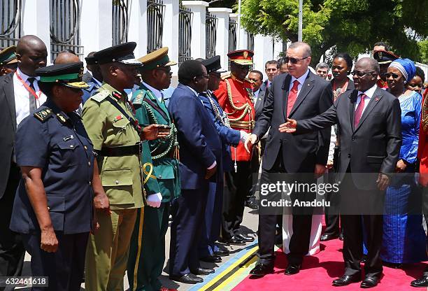 President of Turkey Recep Tayyip Erdogan is welcomed President of Tanzania John Pombe Joseph Magufuli during official welcoming ceremony in Dar es...