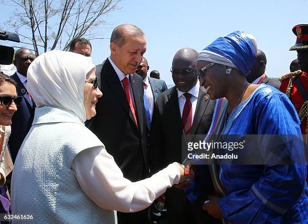President of Turkey Recep Tayyip Erdogan and his wife Emine Erdogan are welcomed President of Tanzania John Pombe Joseph Magufuli and his wife during...