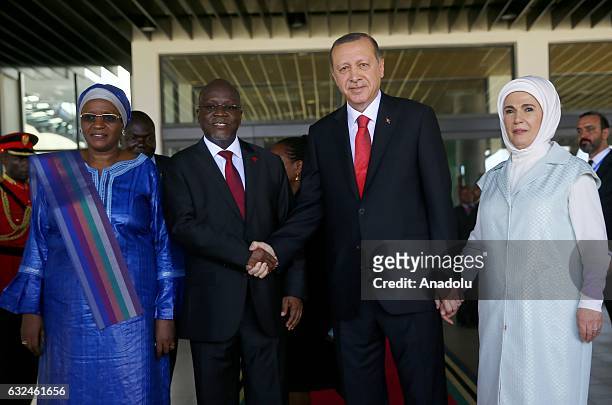 President of Turkey Recep Tayyip Erdogan , his wife Emine Erdogan , President of Tanzania John Pombe Joseph Magufuli and his wife pose during an...
