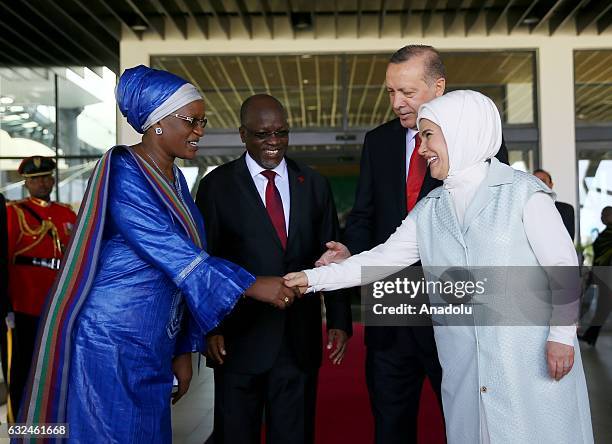 President of Turkey Recep Tayyip Erdogan , his wife Emine Erdogan , President of Tanzania John Pombe Joseph Magufuli and his wife pose during an...