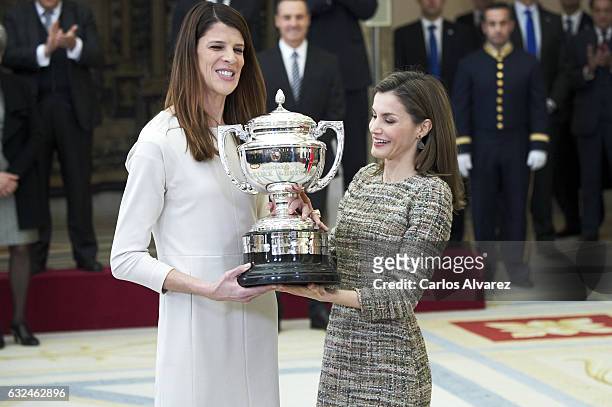 Queen Letizia of Spain delivers the National Sports Awards 2015 to Ruth Beitia at the El Pardo Palace on January 23, 2017 in Madrid, Spain.