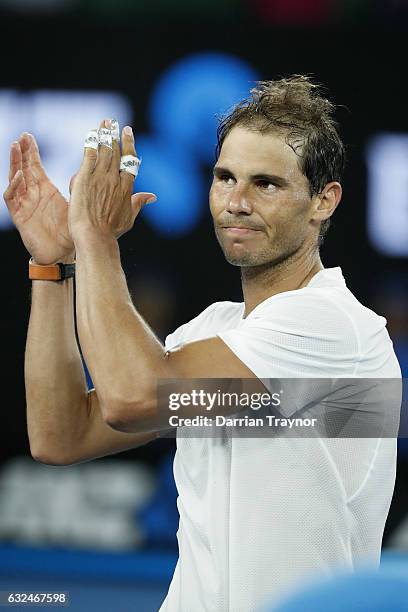 Rafael Nadal of Spain acknowledges the crowd after his fourth round match against Gael Monfils of France on day eight of the 2017 Australian Open at...