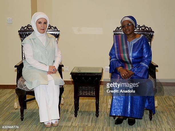 Turkish President Recep Tayyip Erdogan's wife Emine Erdogan and Tanzanian President John Pombe Joseph Magufuli's wife Janeth Magufuli pose for a...