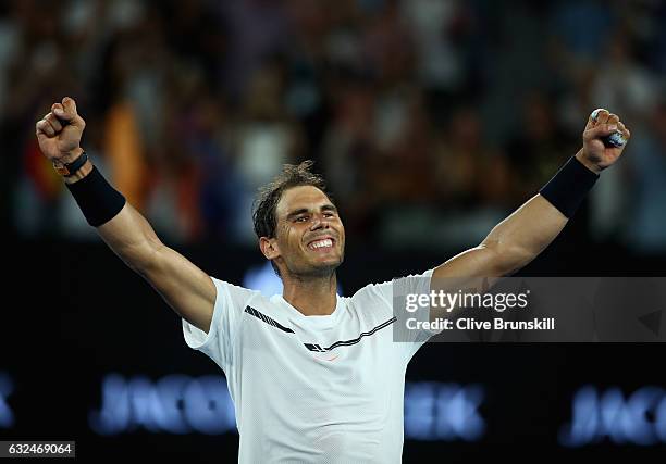 Rafael Nadal of Spain celebrates victory to the crowd in his fourth round match against Gael Monfils of France on day eight of the 2017 Australian...
