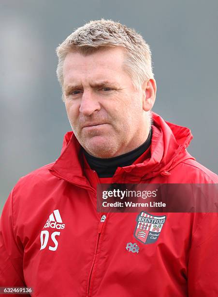 Dean Smith, Manager of Brentford looks on during a Brentford training session at Brentford Training Ground on January 23, 2017 in Brentford, England....