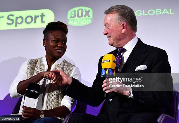 Frank Warren speaks with Nicola Adams during a Frank Warren Press Conference at the BT Tower on January 23, 2017 in London, England.