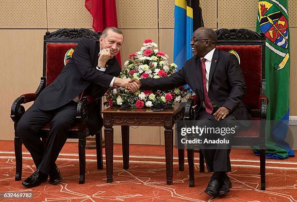 Turkish President Recep Tayyip Erdogan and Tanzanian President John Pombe Joseph Magufuli hold a joint press conference after their meeting at the...