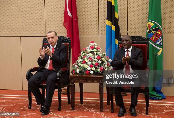 Turkish President Recep Tayyip Erdogan and Tanzanian President John Pombe Joseph Magufuli hold a press conference after their meeting at the State...