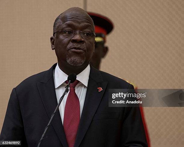 Tanzanian President John Pombe Joseph Magufuli and Turkish President Recep Tayyip Erdogan hold a joint press conference after their meeting at the...