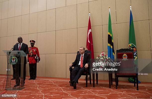Turkish President Recep Tayyip Erdogan and Tanzanian President John Pombe Joseph Magufuli hold a press conference after their meeting at the State...