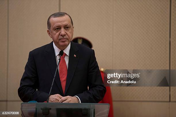 Turkish President Recep Tayyip Erdogan and Tanzanian President John Pombe Joseph Magufuli hold a joint press conference after their meeting at the...