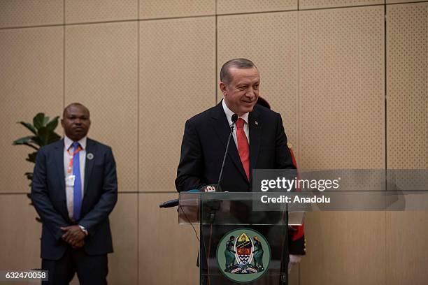 Turkish President Recep Tayyip Erdogan and Tanzanian President John Pombe Joseph Magufuli hold a joint press conference after their meeting at the...