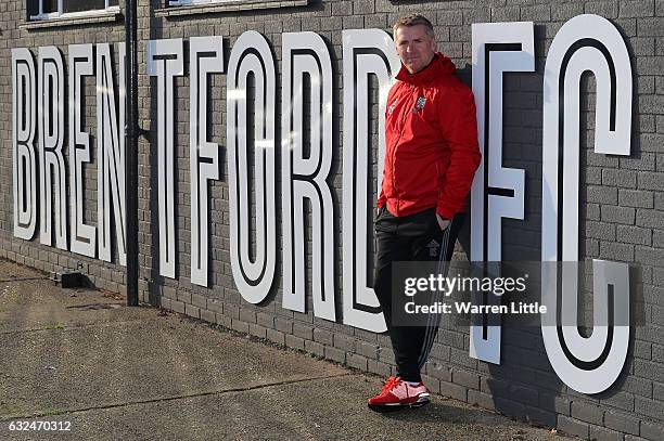 Dean Smith, Manager of Brentford poses for portraits during a Brentford training session at Brentford Training Ground on January 23, 2017 in...