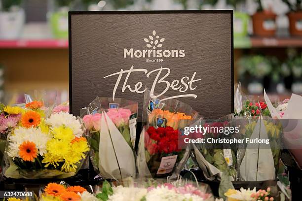 Signage displays goods from Morrisons "The Best' premier range inside a Morrisons supermarket on January 23, 2017 in Rochdale, England. Wm Morrison...