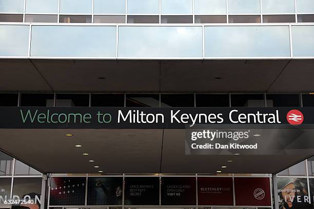 General view of the Train Station entrance on January 23, 2017 in Milton Keynes, England. Milton Keynes in Buckinghamshire marks the 50th anniversary...