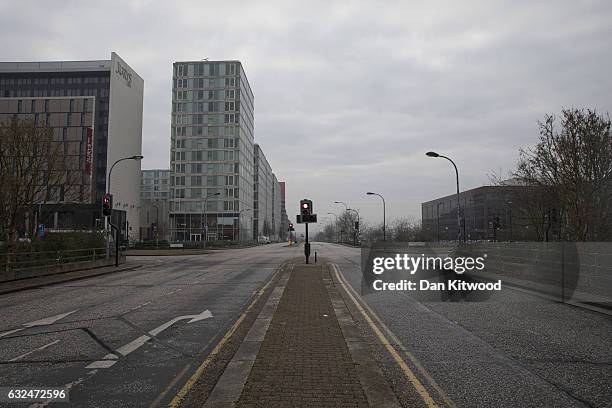 An empty road on January 23, 2017 in Milton Keynes, England. Milton Keynes in Buckinghamshire marks the 50th anniversary of its designation as a new...