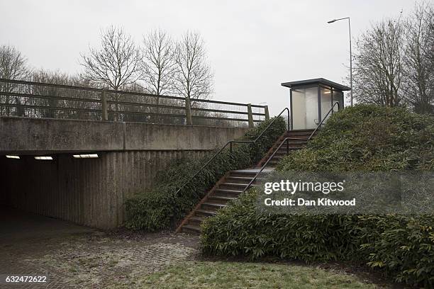 Bus stop stands above an underpass on January 23, 2017 in Milton Keynes, England. Milton Keynes in Buckinghamshire marks the 50th anniversary of its...