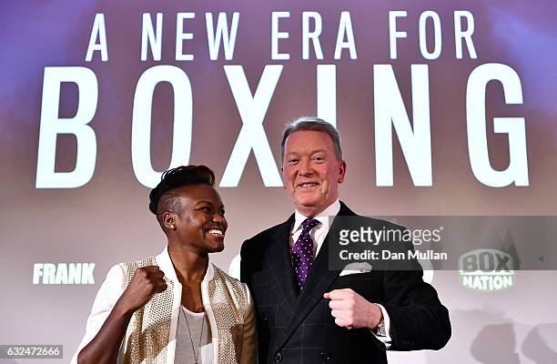 Frank Warren speaks and Nicola Adams pose for photos during a Frank Warren Press Conference at the BT Tower on January 23, 2017 in London, England.