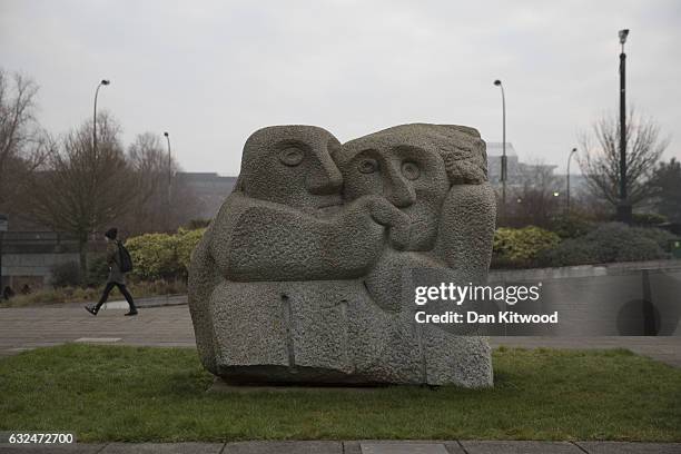 Sculpture stands outside Milton Keynes Train Station on January 23, 2017 in Milton Keynes, England. Milton Keynes in Buckinghamshire marks the 50th...