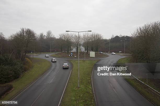 Traffic navigates one of the many roundabouts on January 23, 2017 in Milton Keynes, England. Milton Keynes in Buckinghamshire marks the 50th...