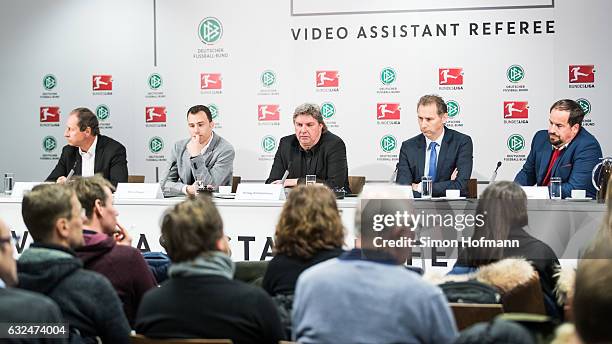 Hellmut Krug, Felix Zwayer, Ronny Zimmermann, Ansgar Schwenken and Stephan Brause attend a DFB & DFL Video Assistant Referee Press Conference at...