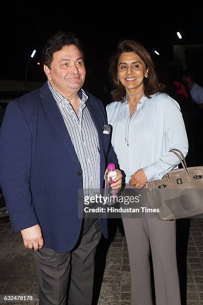 Bollywood actor couple Rishi Kapoor and Neetu Singh during premier show of action thriller Kaabil at PVR cinemas on January 21, 2017 in Mumbai,...