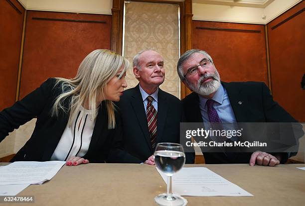 Michelle O'Neill is unveiled as the new Sinn Fein leader in the north at a Stormont announcement press conference alongside Martin McGuinness , Sinn...